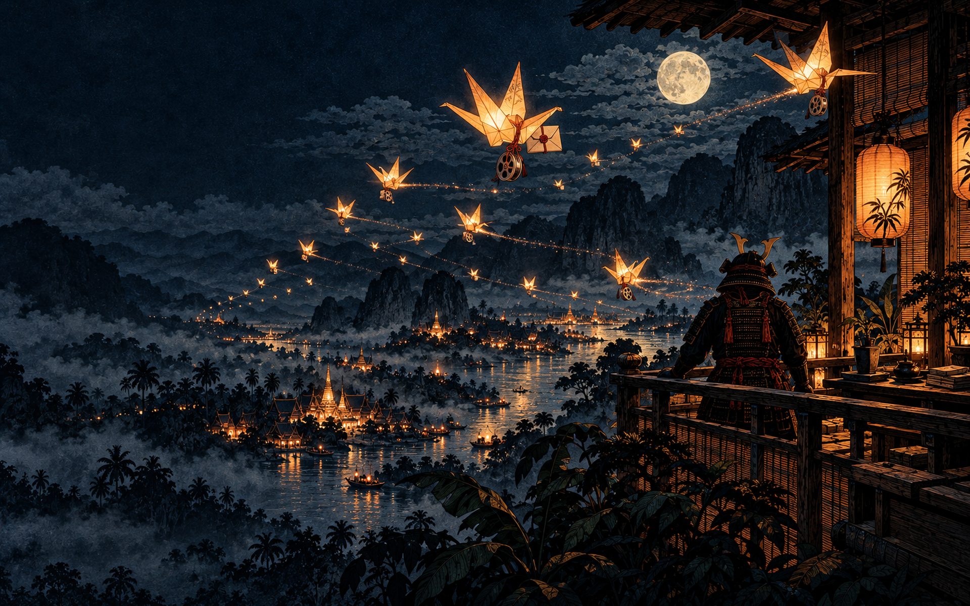 Glowing paper cranes fly out from the veranda across the moonlit valley carrying letters and film reels while the samurai watches from the rail.