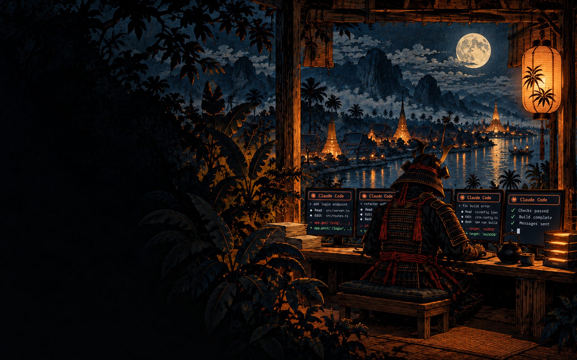 Over the samurai's shoulder: monitors running Claude Code sessions, ticked checklists and sent messages, one lantern lit beside the desk.