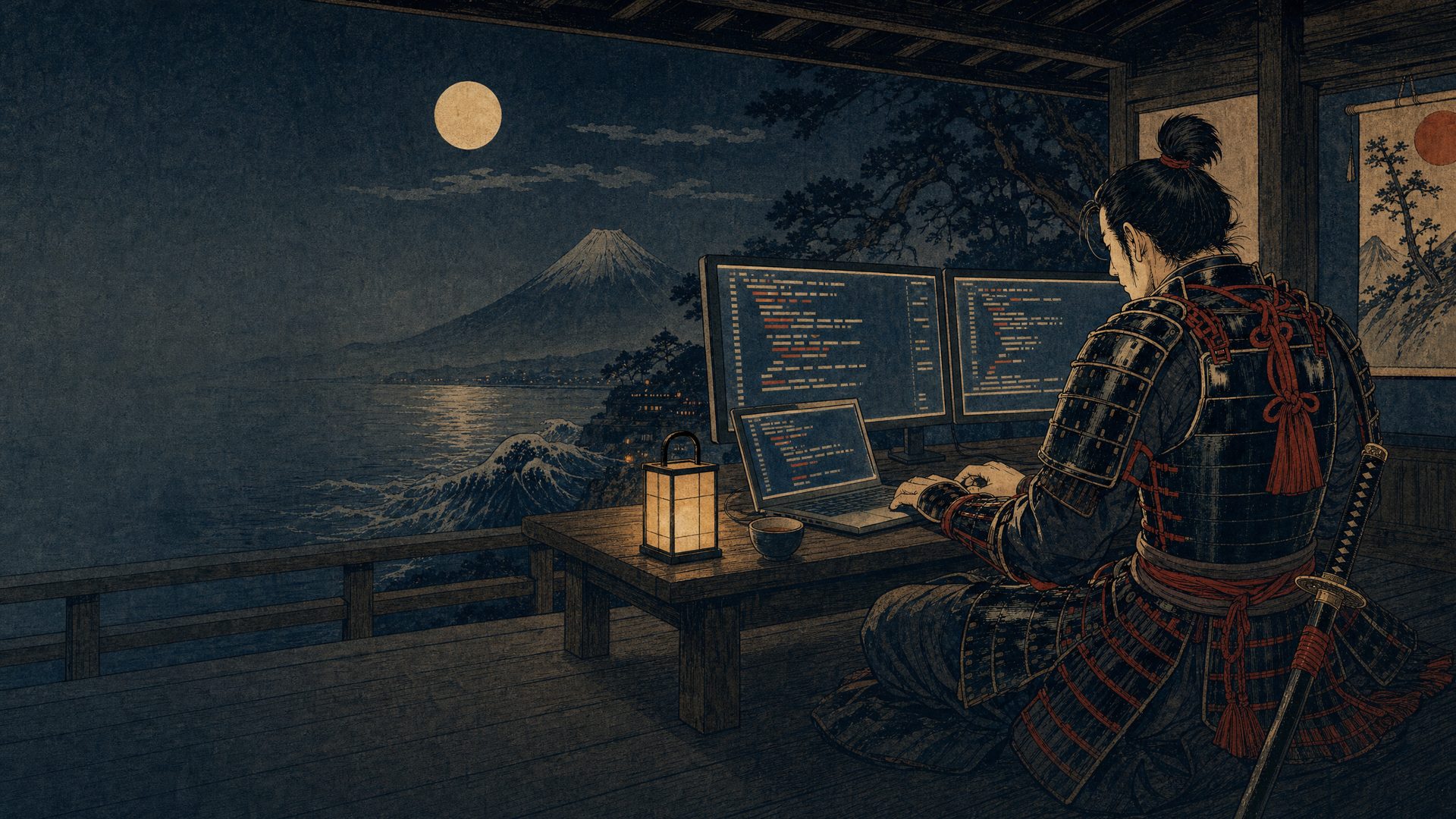 Woodblock print: a samurai in lacquered armour types at a low desk of glowing screens on a veranda, Mount Fuji and a full moon over the sea behind him.