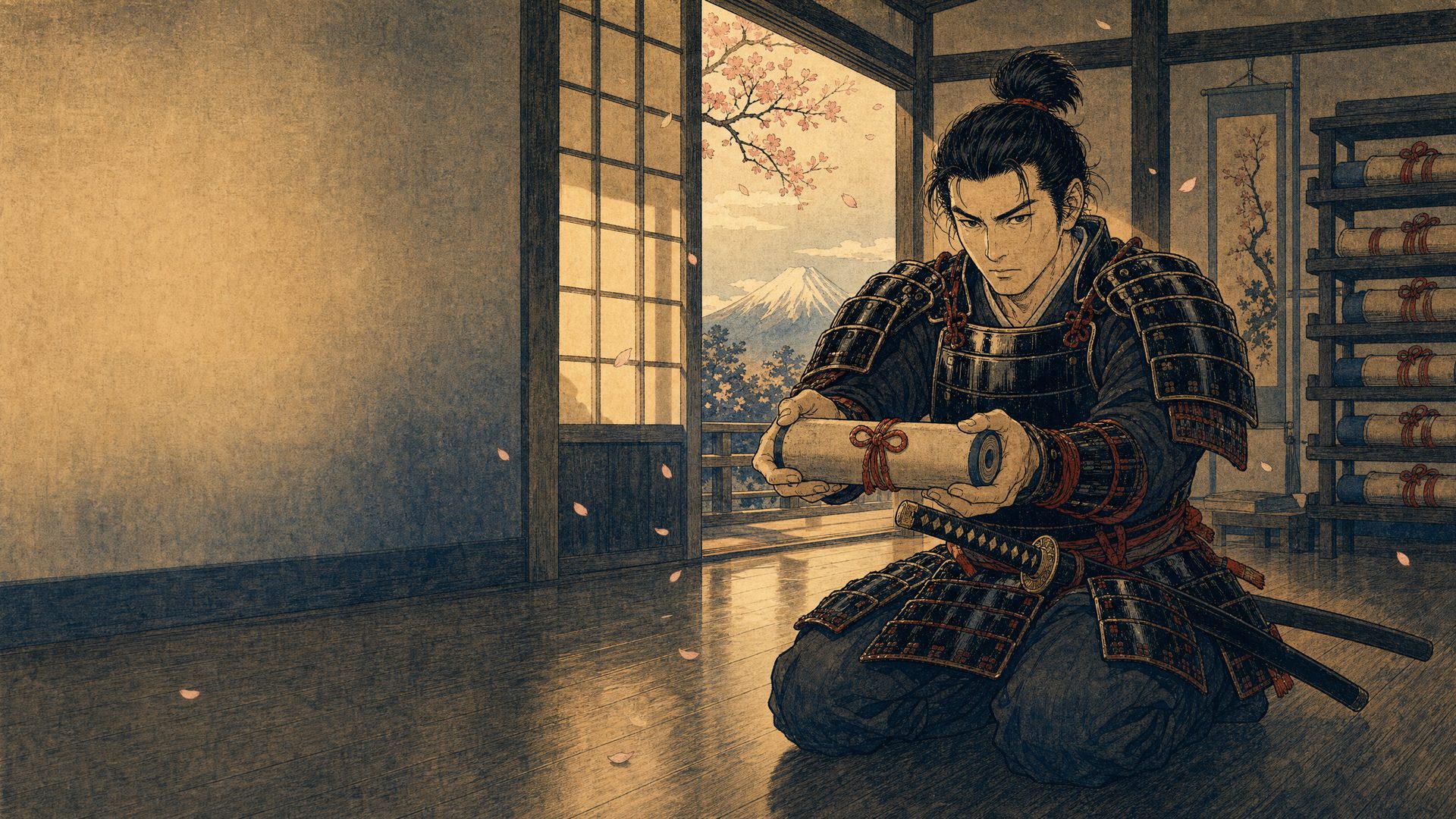 Woodblock print: the samurai kneels in a sunlit dojo and offers a tied scroll, shelves of scrolls and cherry blossom behind him.